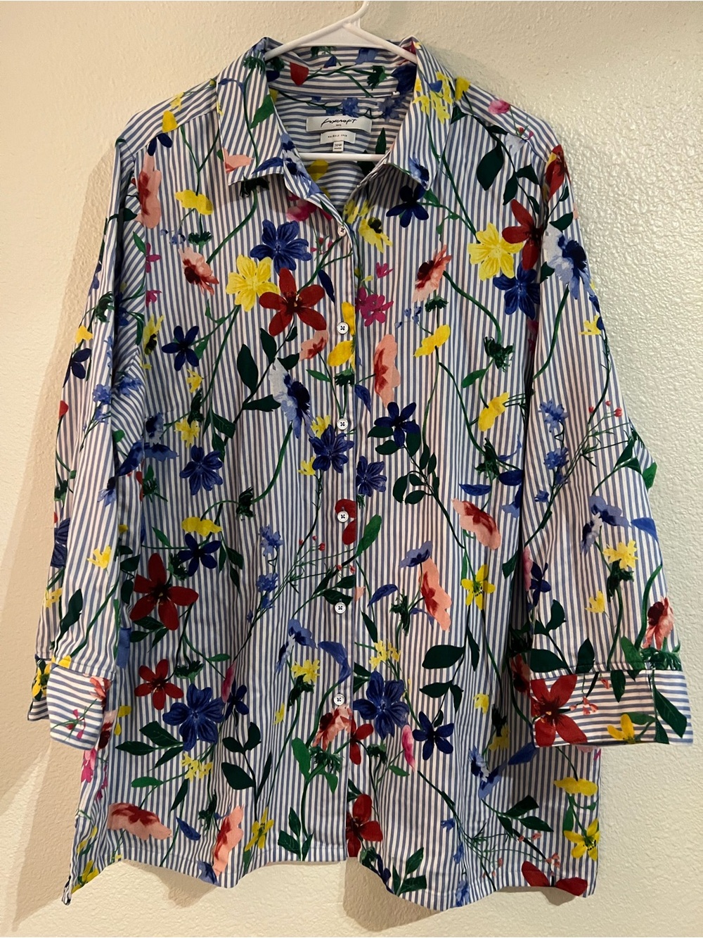 Foxcroft Blue-and-White Stripe Floral Button-Down Shirt